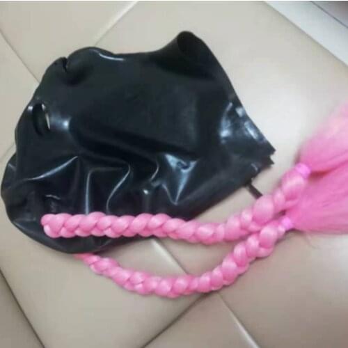 Black Latex Hood Mask with Red Mouth and Eyes Nose Open with Zipper with Ponytail with Hair Latex Mask back zipper