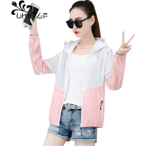 UHYTGF Elegant Womens Plus Size Tops Anti-UV Breathable Summer Sun Protection Clothing Fashion Hooded Cute Girl Thin Jacket 1599