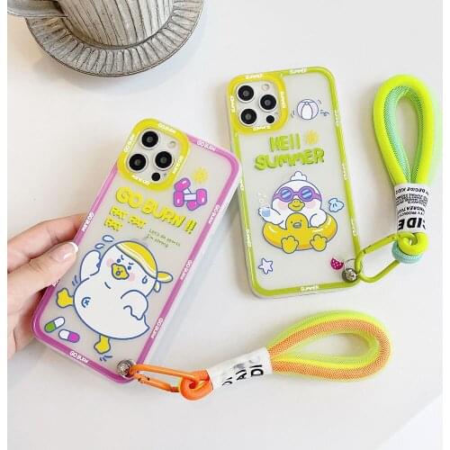 INS Cute Cartoon Duck Fluorescent Hand Strap Phone Case for iphone 12Pro 11 Max X XS XR 8 7Plus Transparent Frosted Cover