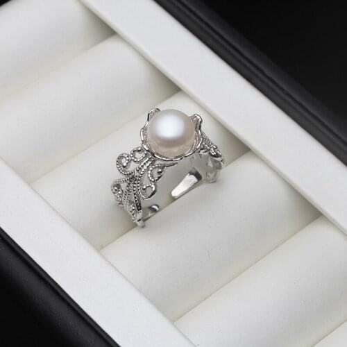 Vintage White Natural Freshwater Pearl Rings For Women,Wedding Adjustable 925 Sterling Silver Ring Fine Jewelry Anniversary Gift