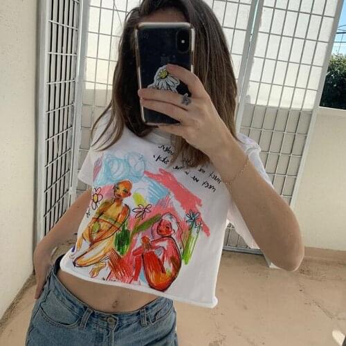 SeeBest Cool Graffiti Print Tee Women Shirts O Neck Cotton White T-shirt Casual Cropped Top Female Shirt Streetwear Tshirt Women