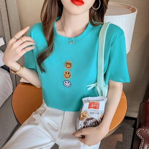 Summer New Style Korean Cotton T-shirt Female Embroidery Short-sleeved Loose Round Neck White Shirt Half-sleeved Woman Tshirts