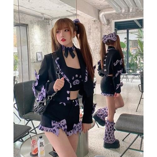 Hot girl sweet cool cat claw print bow ties shorts jacket spaghetti set female spring 3pcs set kawaii cute girls Y2K summer set