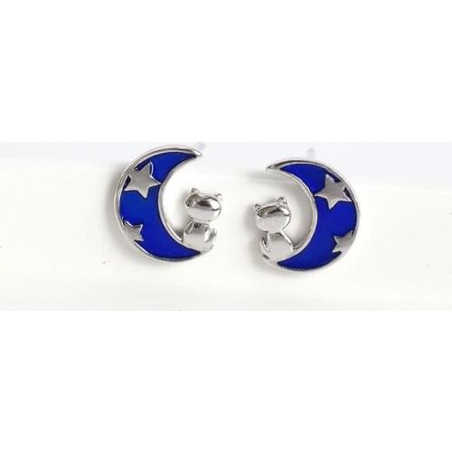 LKO Cute Moon Cat 925 Sterling Silver Stud Earrings for Girls Earrings Personality Blue Stars Moon Jewelry Gift Accessories