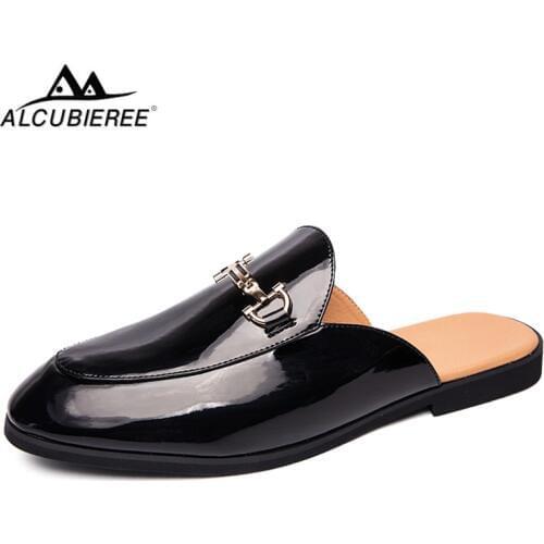 ALCUBIEREE Fashion Mens Mules for Adult Casual Slip-on Drag Shoes Patent Leather Smoking Shoes Solid Half Loafers Man Slipper