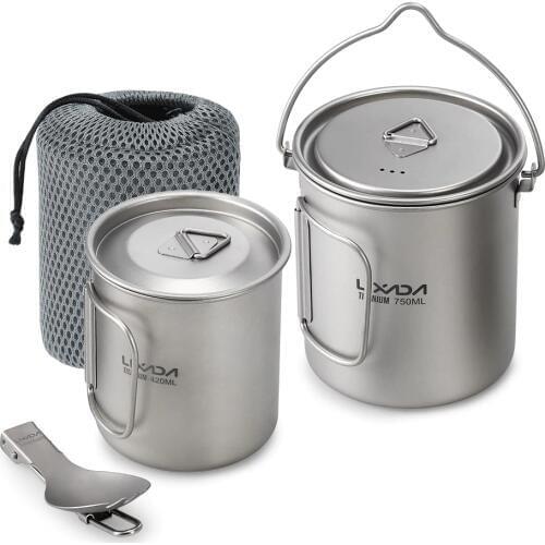 Lixada Titanium 3 Pieces Set 750ml Pot 420ml Water coffee Cup Mug with Lid Handle Folding Spork for Camping Hiking Backpacking