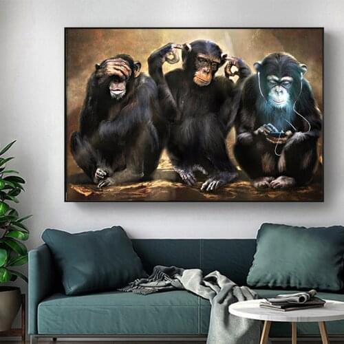 Nordic Style Pictures Animal Three Monkey Canvas Painting Wall Art Posters and Prints For Modern Living Room Decoration No Frame