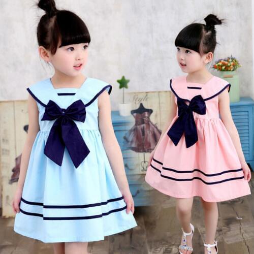 2017 Summer New Girl Korean Style Short Sleeves Mini Dress Kid Sailor Collar One-Piece Girls Preppy Style Children Clothing