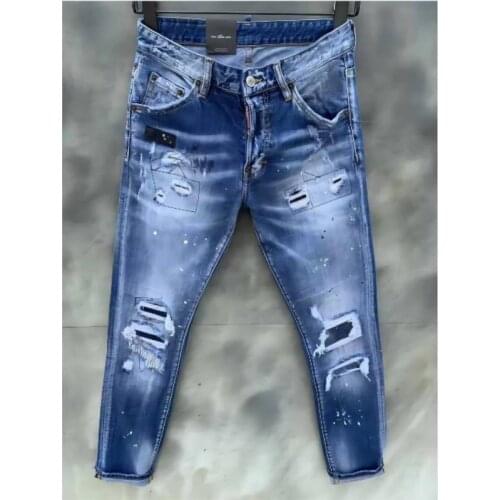 New DSQ2 Mens Skinny Jeans With Ripped Holes And elastic Paint Spray Blue Stitching Beggar Pants 9123