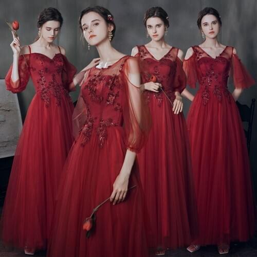 Bridesmaids Dress Illusion Sequined A-Line Appliques Embroidery Lace Tulle Off The Shoulder Full Women Wedding Party Gown E111