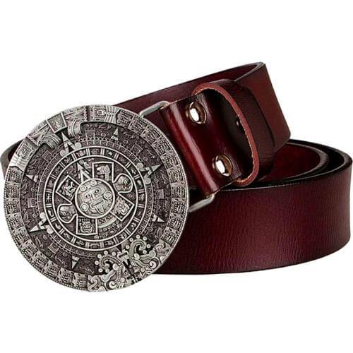 Fashion new real cowhide leather belt metal Mayan Solar calendar pattern men Genuine leather belt pin buckle