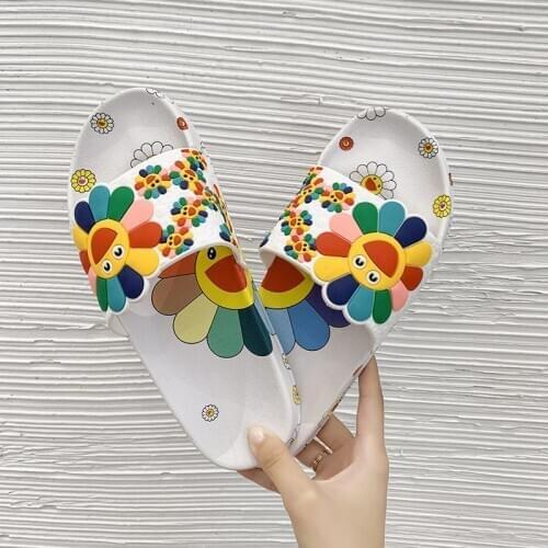 Summer Women Slippers Beach Slide Sandals Cute Flowers Sunflower Non-Slip Soft Sole Men Ladies Couple Home Outdoor Shoes 2021