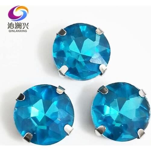Free shipping Lake blue round shape good quality Glass Crystal sew on claw rhinestones with ,Diy Clothing accessories SWB13