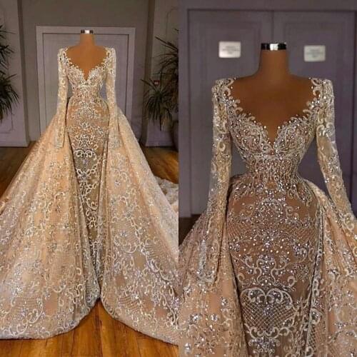 Champagnes Crystals Beaded Mermaid Wedding Gowns Detachable Train V Neck Appliques Dubai African Long Sleeves Bridal Dresses