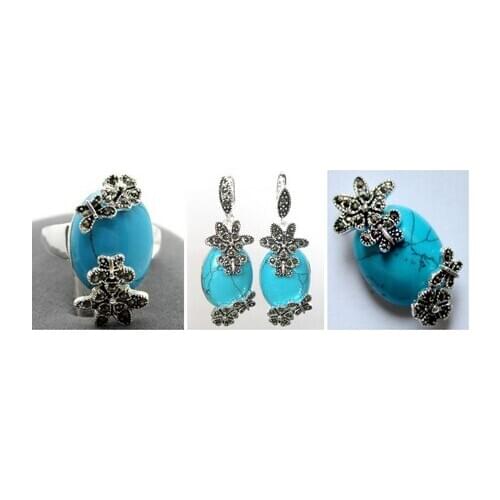 Vintage Blue Turquoise 925 Sterling Silver Marcasite Ring (#6-9) pendant and earrings sets