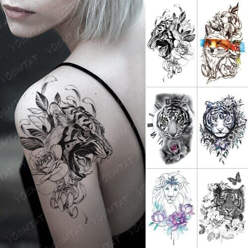 Waterproof Temporary Tattoo Sticker Tiger Lion Fox Butterfly Clock Flash Tattoos Rose Flower Body Art Arm Fake Tatoo Women Men
