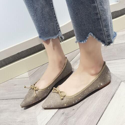 Women Flats Pointed Toe Shallow Mouth Slip-On Rhinestone Design Ladies Flat Shoes High Quality Fashion Zapatos Mujer W38-48