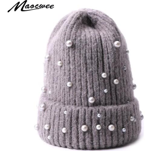 Pearl Women Winter Hats Girls Knitted Rabbit Fur Caps Female Headgear Crochet Slouch Hat Skullies Beanies Outdoor Thick Bonnet