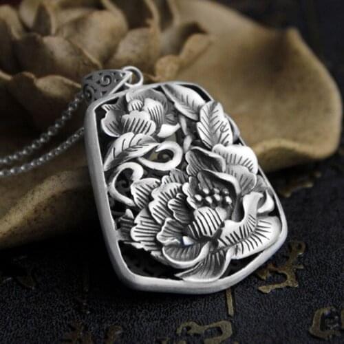 Pure S990 pure silver female pendant retro national style Peony Blossom rich womens sweater chain pendant Thai silver craft