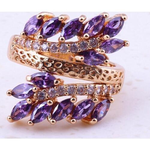 Exguisite Purple Crystal Cubic Zircon Rings Yellow Gold Color For Women Cheap Party Fashion Jewelry Free Gift Box I0037