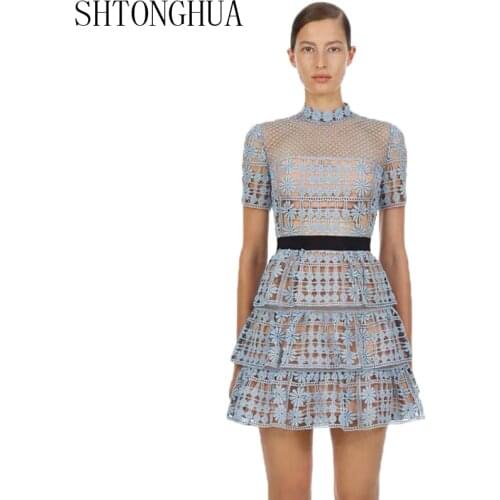 SHTONGHUA 2019 High Quality Runway Self Portrait Dress Women Summer short sleeve blue dress Patchwork Hollow out lace Dresses