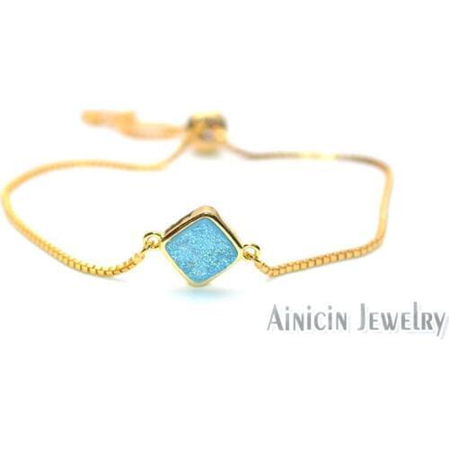 1pc Various Colors Druzy Crystal Boxed Chain Bracelets Adjustable Sliding Clasp Link Bangle For Women Gift Jewelry