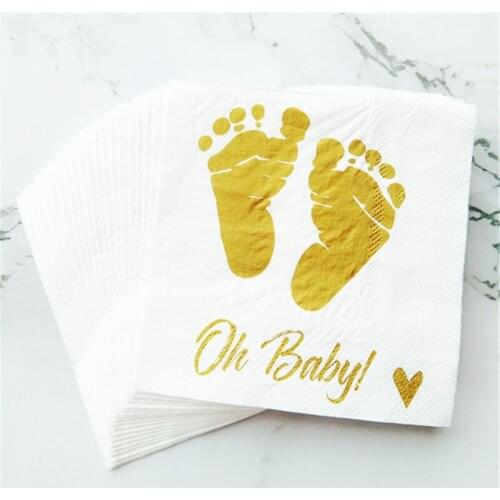 20 Sheets/pack Baby Shower Napkins - Oh Baby Gold Feet Design Boy And Girl Birthday Party Decoration Disposable Decor For Kids