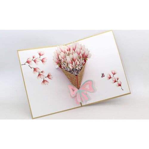 3D Laser Cut Handmade Carving Teachers' Day White Pink Magnolia Bouquet Paper Invitation Greeting Cards Propose PostCard Gift