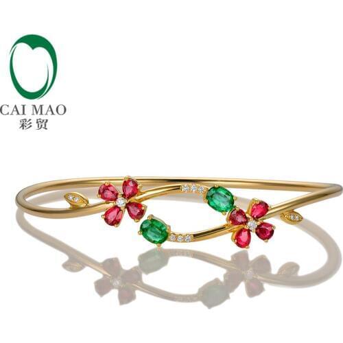 Caimao Jewelry 0.76ctw Oval Natural Emerald & 1.67ct Ruby Pave Diamond 18K Yellow Gold Gemstone Bracelet