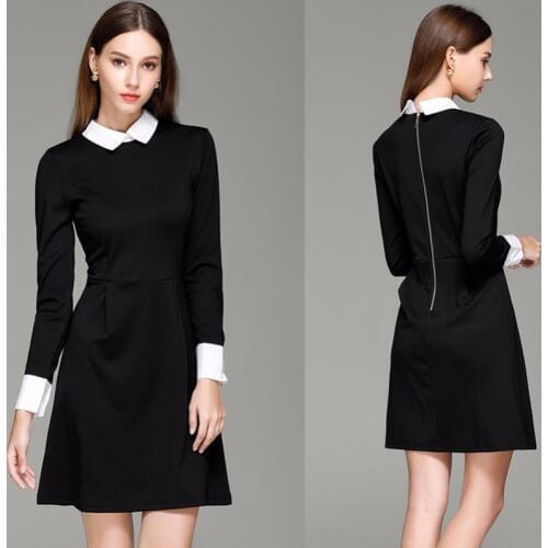 Black dress with white collar women white collar dress for school long sleeve black dress white collar tunic bodycon KK2525