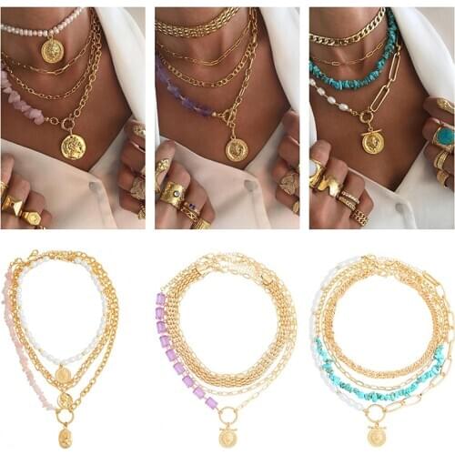 Dvacaman Luxury Turquoise Gem Stone Necklace Boho handmade Beaded Torque Women Muiti-Layer Heart Pendant Charm Female BIjoux INS