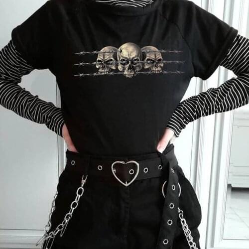 Barbwire Skulls Women T-Shirt Edgy Fashion Grunge Aesthetic Gothic Tshirts Female Streetwear Summer Top Oversized Cotton Tee