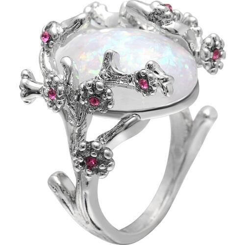 Hainon Beautiful Tree & Flower Jewelry Silver Color Romantic CZ Big Stone Fire Opal Rings for Women Bands Statement Anel