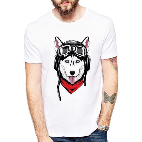 Husky with Helmet Printed Men T shirt Short Sleeve Casual t-shirt Hipster Pocket Cute Siberian Husky/ Chihuahua tees Cool Tops