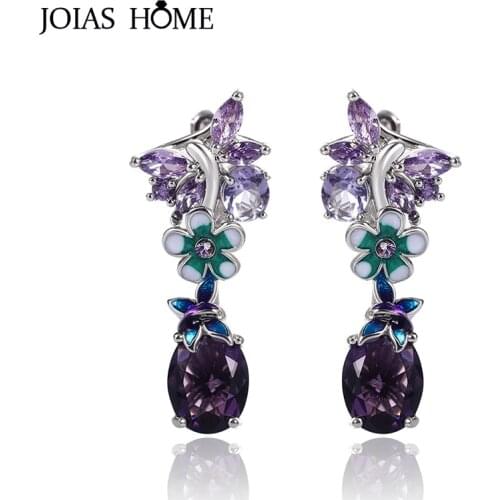 JoiasHome Silver Jewelry Gemstones 925 Earrings Oval Purple Zircon Flower Womens Popular Butterfly Drop-earrings Wedding Party
