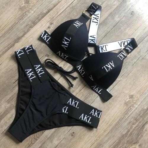 Swimwear Womens Swimming Suit Push Up Bikini 2021 Mujer Lace Up Bikinis Women Swimsuit Letter Printing Mini Thong Bikini Set