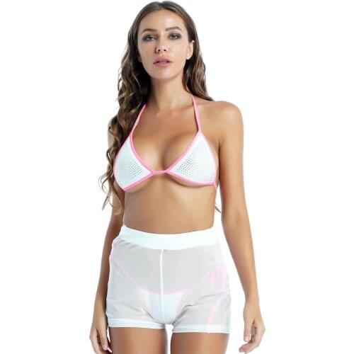 Summer Women Shiny Rhinestone Bikini Set Lace-up Bra Tops Low Rise G-string with See-through Mesh Hot Pants Three-piece Swimwear