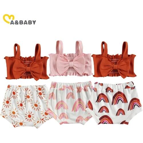 Ma&Baby 0-24M Summer Cute Baby Girl Clothes Set Infant Newborn Girl Bow Knitted Top Rainbow Sun Print Shorts Outfits
