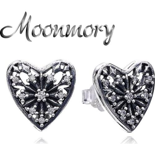 Moonmory 925 Sterling Silver Zircon Love Heart Beads Stud Earring For Women Christmas Party Romantic Cute Crystal Winter Jewelry