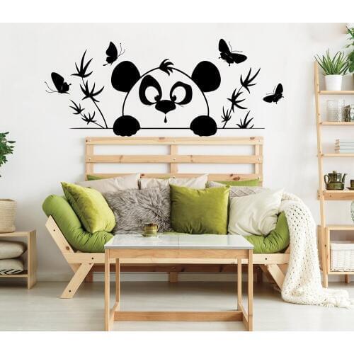 Cartoon Panda Bamboo Tree Wall Decals Kids Room Bedroom Bear Panda Animal Forest Butterflies Wall Sticker Vinyl Baby Nursery Art