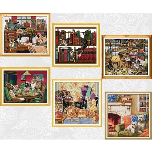 Warm Home Count Print Cross Stitch kits, Lazy cat Embroidery Needlework Set, Dog play games Cross-stitch Accessory Tools