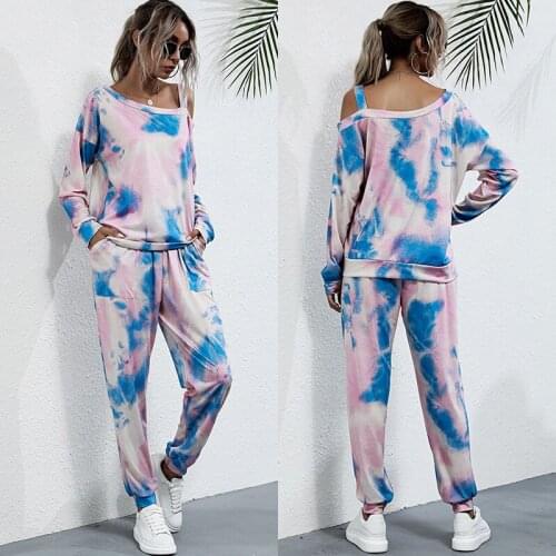 New Tie Dye Lounge Wear Sweatsuit Sexy Fashion Off Shoulder Sweatshirt Set Two Piece Track Suit Full Sleeve 2021