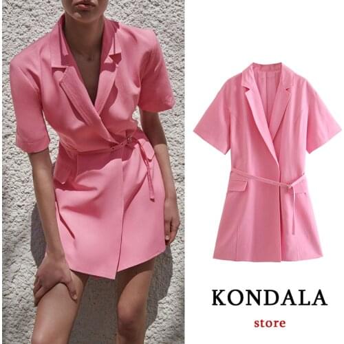 KONDALA Women Chic Pink Blazer Dress Za 2021 Office Lady Sashes V Neck Mini Dress Summer Short Sleeve Elegant Mujer Vestidos