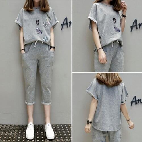 Large Size Casual Sports Suit Womens Summer 2021 New Loose and Thin Short-sleeved Cropped Trousers Two-piece Suit