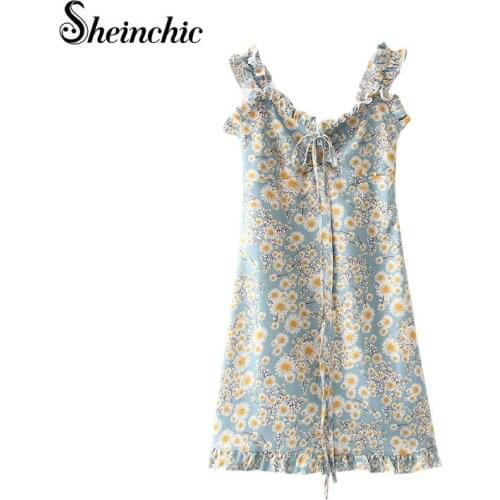 Sexy V-neck Ruffles Woman Dress 2021 Summer Bohemian Floral Printed Mini Dress Female