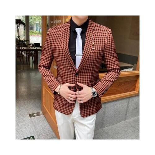 Wool Men Blazer British Design Houndstooth Checked Pattern Hombre Slim Fit Prom Dresses Coat Man Suit Jacket Casual 2020