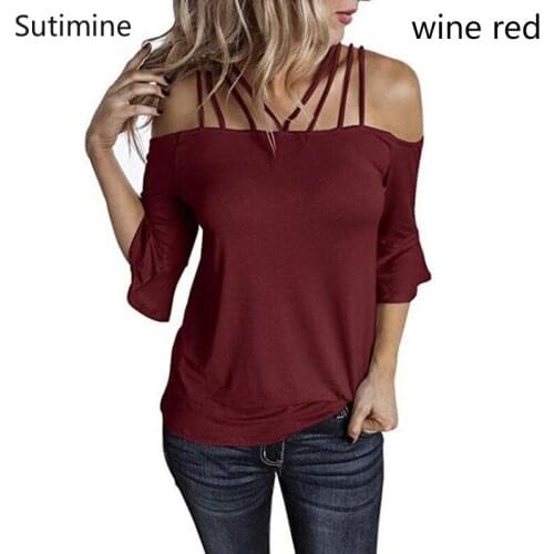 Summer Casual T Shirt Women Plus Size 5XL Half Sleeve Flare Sleeve Spaghetti Strap Tops Sexy Off Shoulder Slash Collar T-shirt