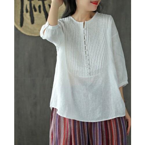 NINI WONDERLAND Autumn White Linen Vintage Shirt 2021 Women Folds Pleated Loose Casual Blouse Lady Mori Girl Style Tops Black