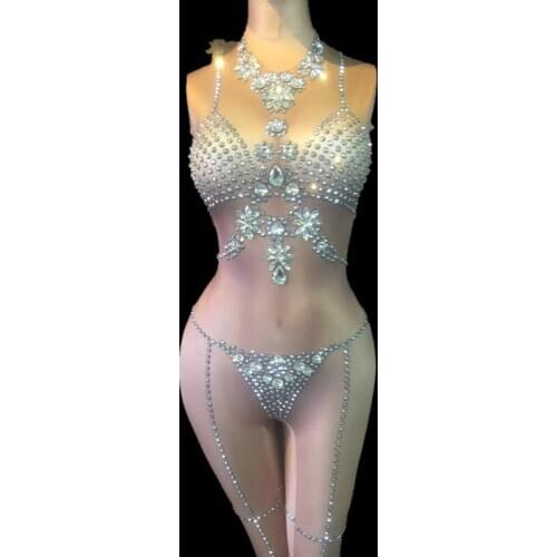 Women Nightclub Female Singer Stage Dance Costume DJ Sexy Silver Rivet Birthday Party Jumpsuit Sparkling Crystals Prom Bodysuit
