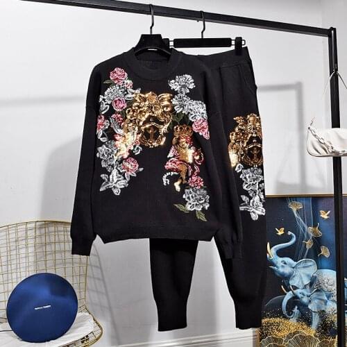 Autumn Fashion Sequins Flowers Knitted Tracksuit Set Women Loose Korean Gray Black White Sweater Pencil Pants 2pc Outfits Female